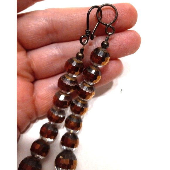 Single Strand Graduating Size Glass Bead Handmade Necklace Clear Copper Striped - Picture 2 of 5